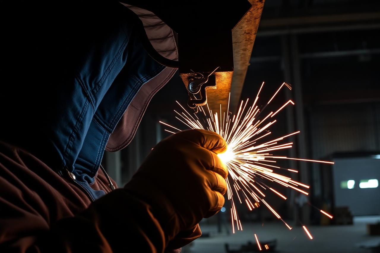 Welder repairing structural steel framing inside a warehouse