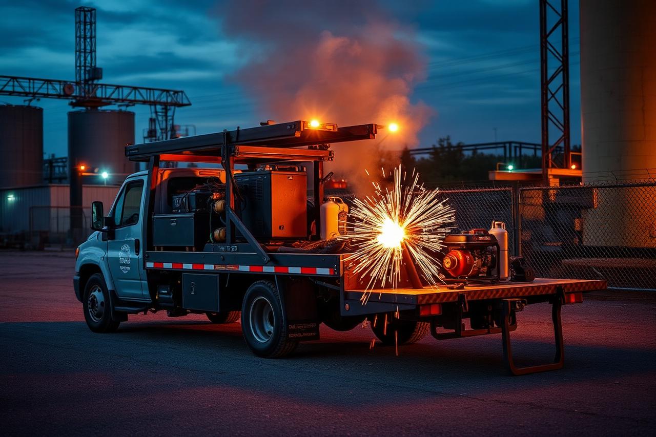 Mobile welding truck with generator and gas bottles working on site in Dallas at dusk