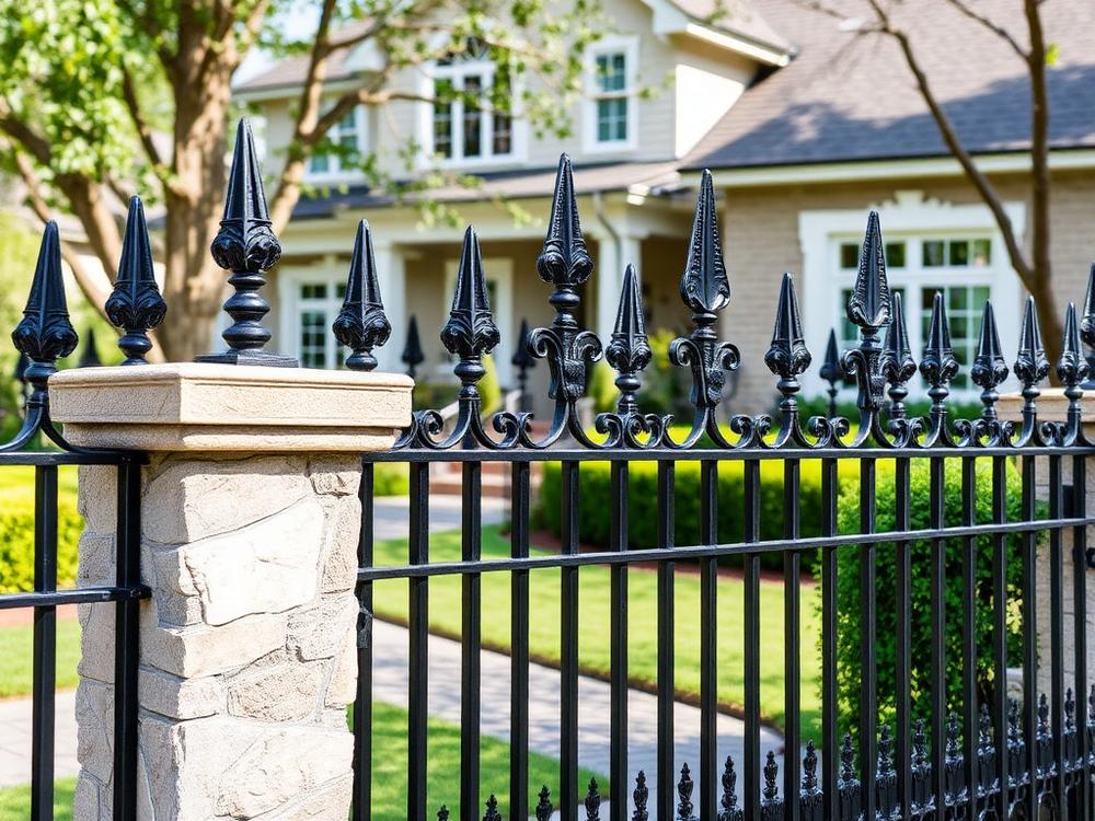 Ornamental wrought iron fence with stone columns in Dallas